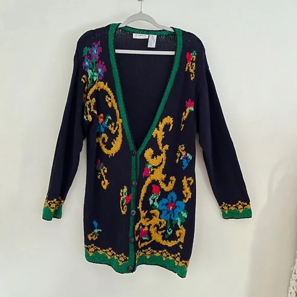 LIZ CLAIBORNE Vintage Women's Knit Cardigan Sweater Small Blue Floral Silk 80s - Picture 2 of 6